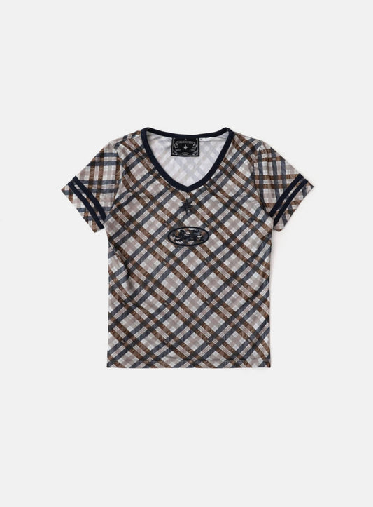 91 V-neck Jersey T-shirt - Beige Check