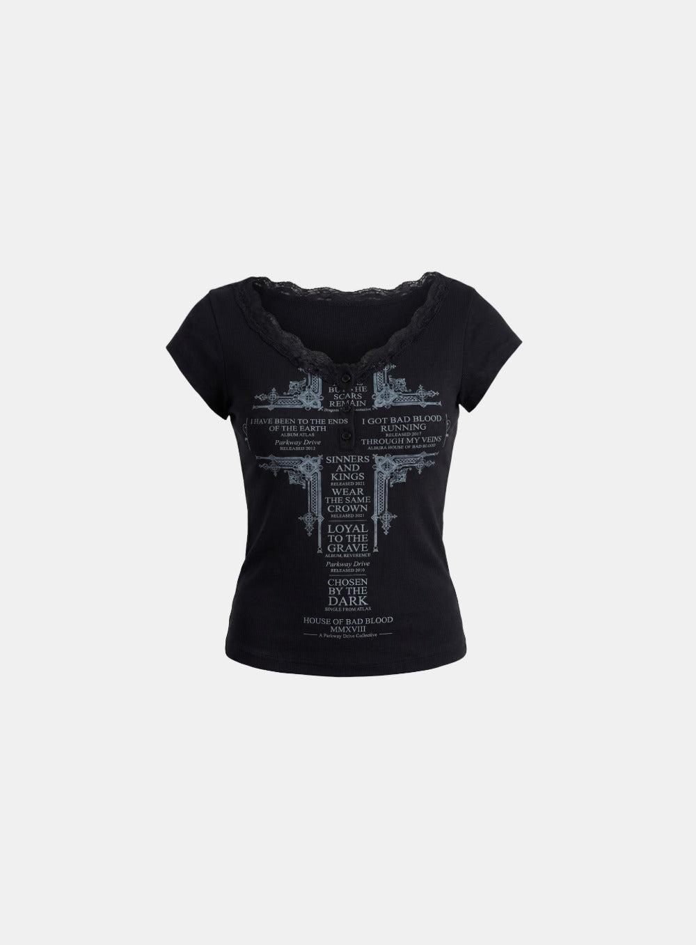 [w-tee26-243] Loyal Cross Lace Neck 1/2 Henry T-shirt - Black