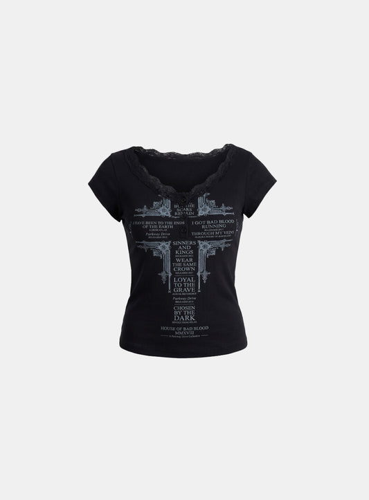 [w-tee26-243] Loyal Cross Lace Neck 1/2 Henry T-shirt - Black