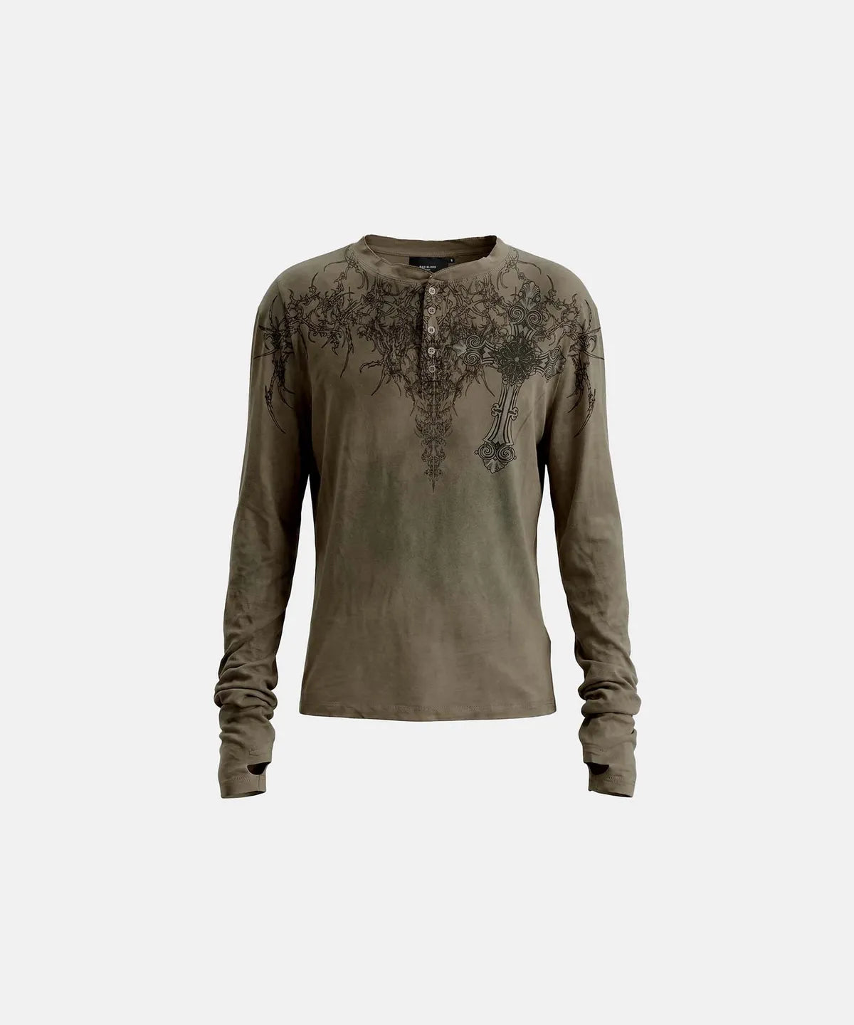 [w-tee26-273] T.M.V. RELIC CROSS Workshop Henley Long Sleeve - Khaki