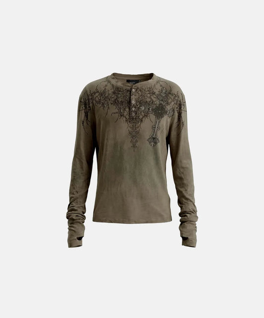 [w-tee26-273] T.M.V. RELIC CROSS Workshop Henley Long Sleeve - Khaki