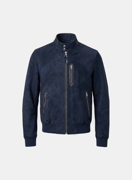 [w-jkt26-018] Arc Suede Contrast Bomber Jacket - Navy