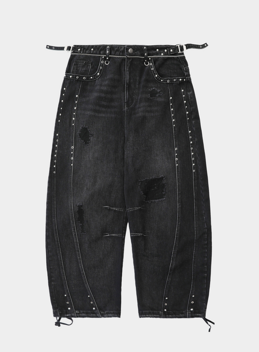 [w-pts25-080] Line Studded Curved Denim Pants - Black