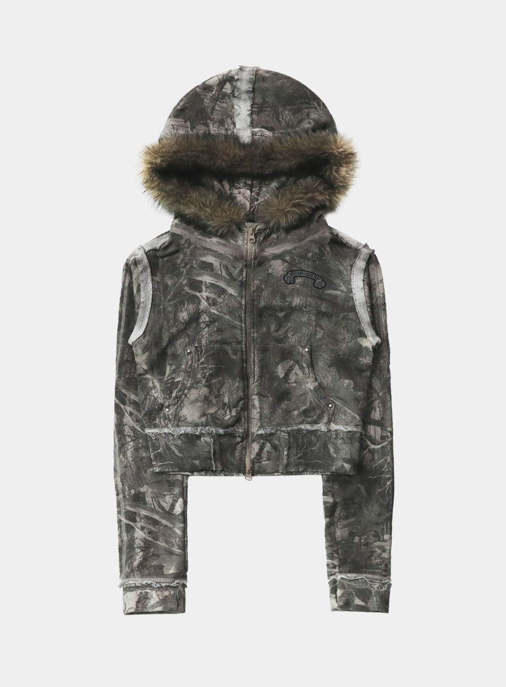 [w-hde25-082] Low Edge Detachable Fur Hooded Zip-Up Slim Fit - Light Real Tree