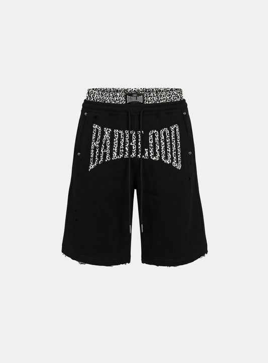 [w-pts26-110] Curved Logo Boxer Layered Sweatshirt Bermuda Shorts - Leopard Black