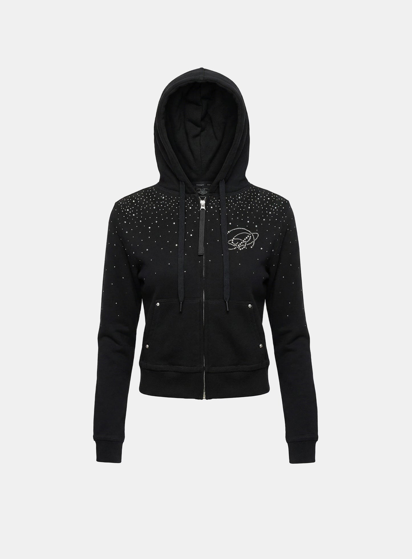 [w-hde25-078] Dark Classic Rhinestone Hooded Zip-Up Slim Fit - Black
