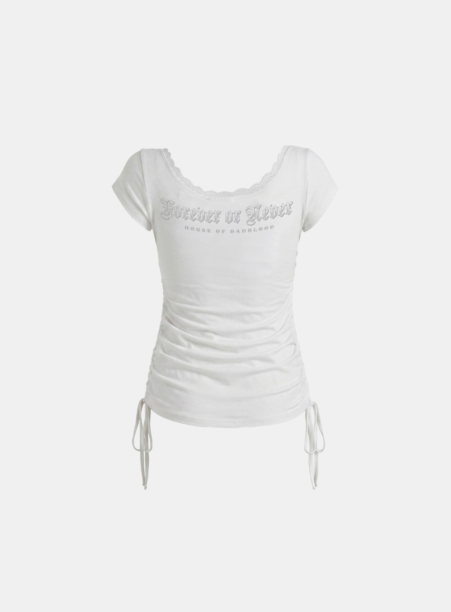 [w-tee26-236] Rhinestone Emblem Lace Deep Round 1/2 Sleeve T-shirt - White