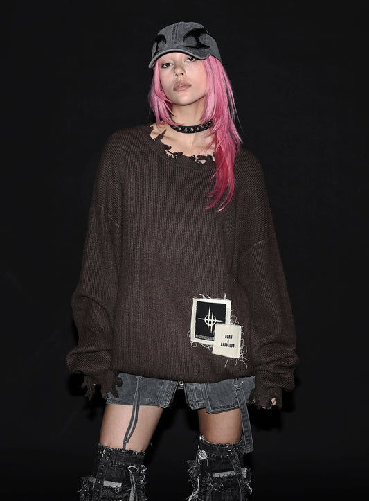 Destroyed Long Sleeve Sweater - Espresso