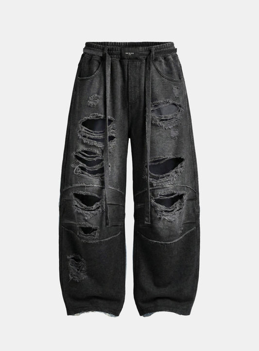 [w-pts26-094] Destroyed Raw-Edge Joggers - Denim Black