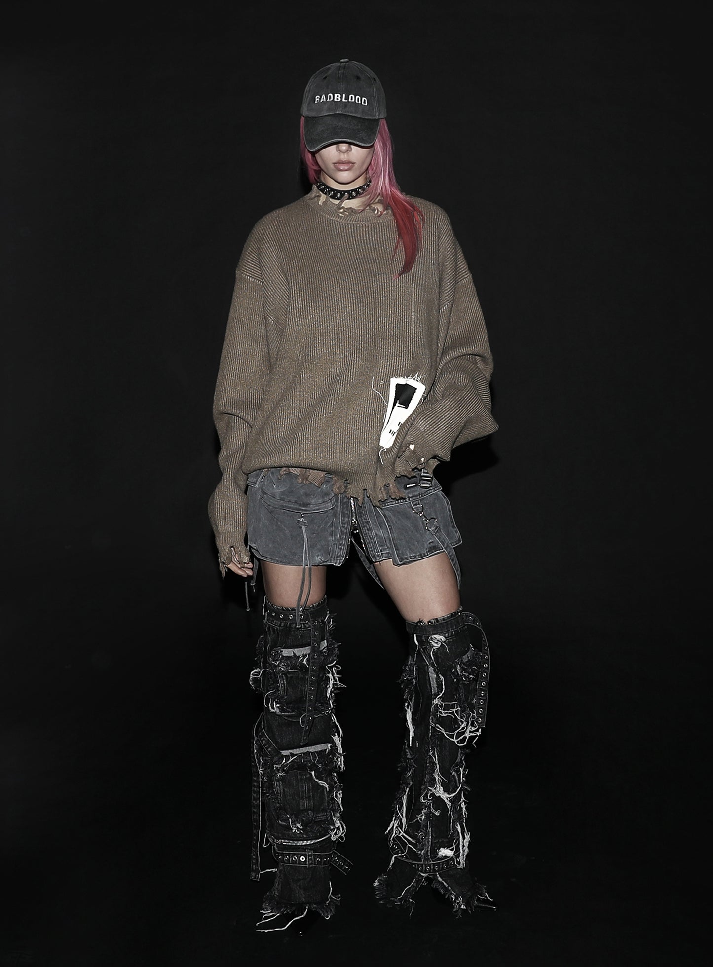 Destroyed Long Sleeve Sweater - Dark Olive