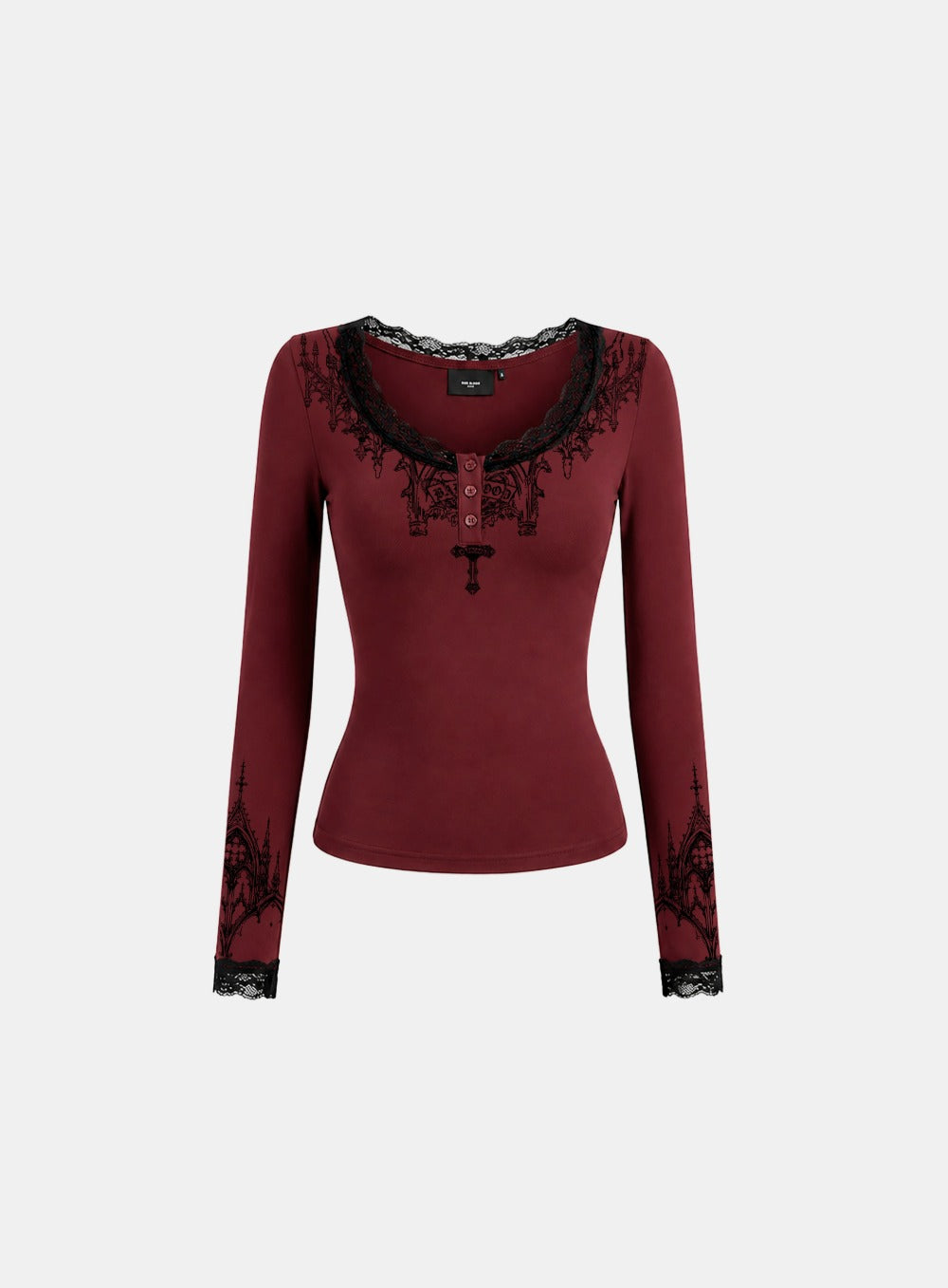 [w-tee26-288] H.B.B. Lace Henley Neck Long Sleeve - Wine