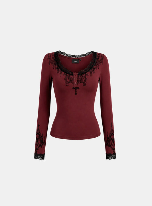 [w-tee26-288] H.B.B. Lace Henley Neck Long Sleeve - Wine