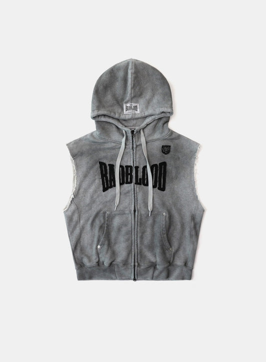 Curved Logo Sleeveless Hooded Zip-Up - Dusty Grey