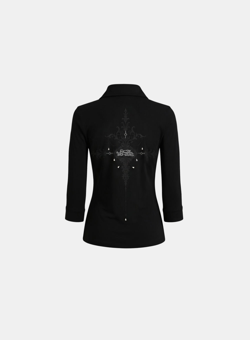 [w-tee26-213] Rhinestone Ornament 3/4 Sleeve Polo- Black