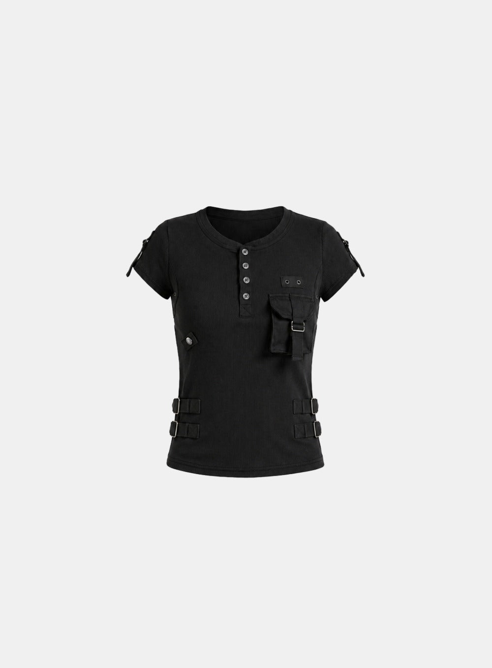 [w-tee26-182] Delta Utility Cotton Rib 1/2 Henley Neck T-shirt - Black