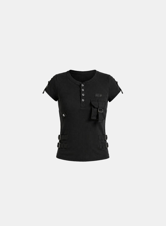[w-tee26-182] Delta Utility Cotton Rib 1/2 Henley Neck T-shirt - Black