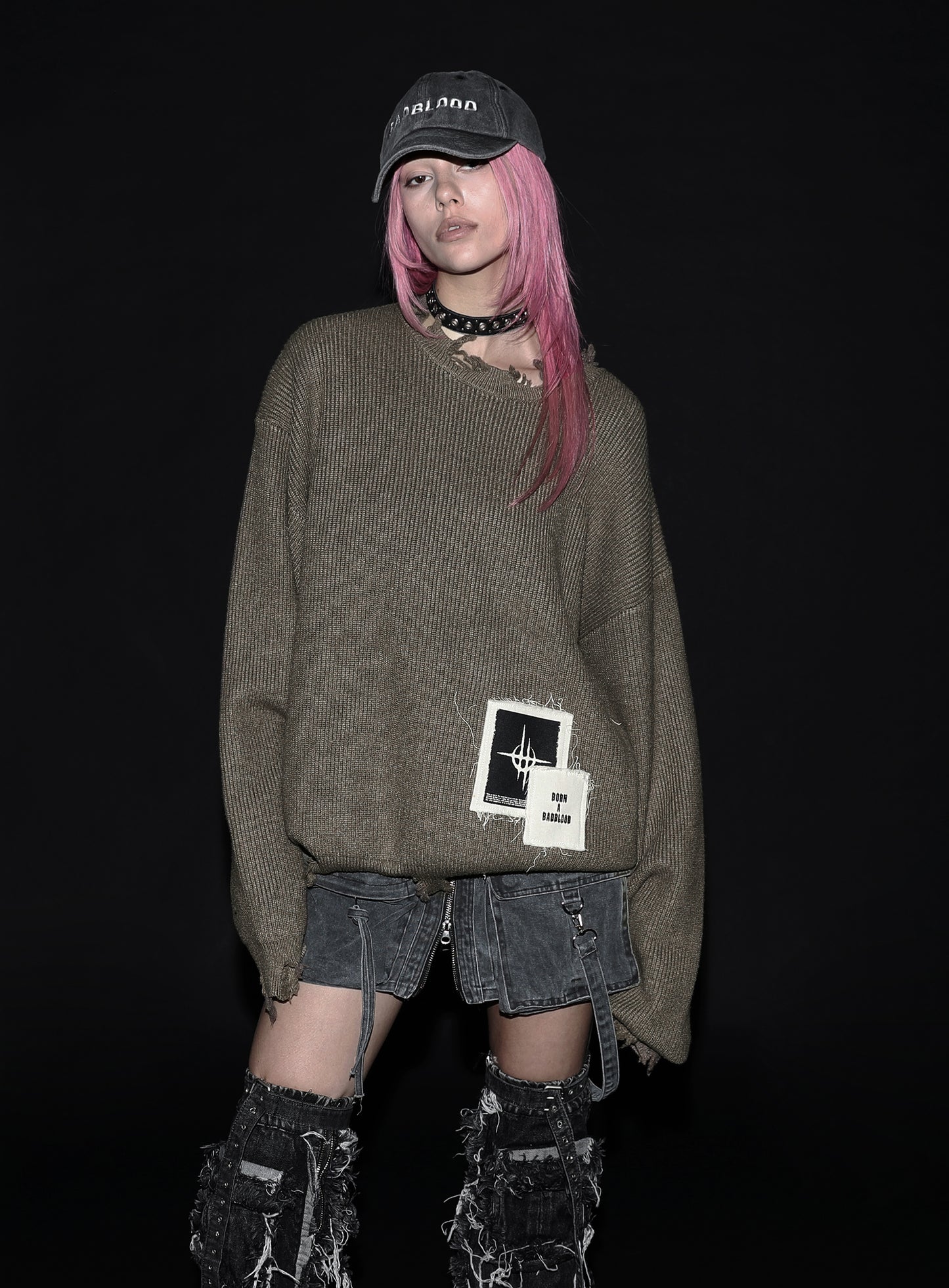 Destroyed Long Sleeve Sweater - Dark Olive