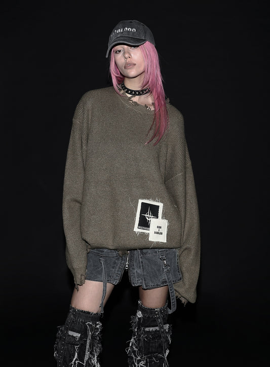 Destroyed Long Sleeve Sweater - Dark Olive