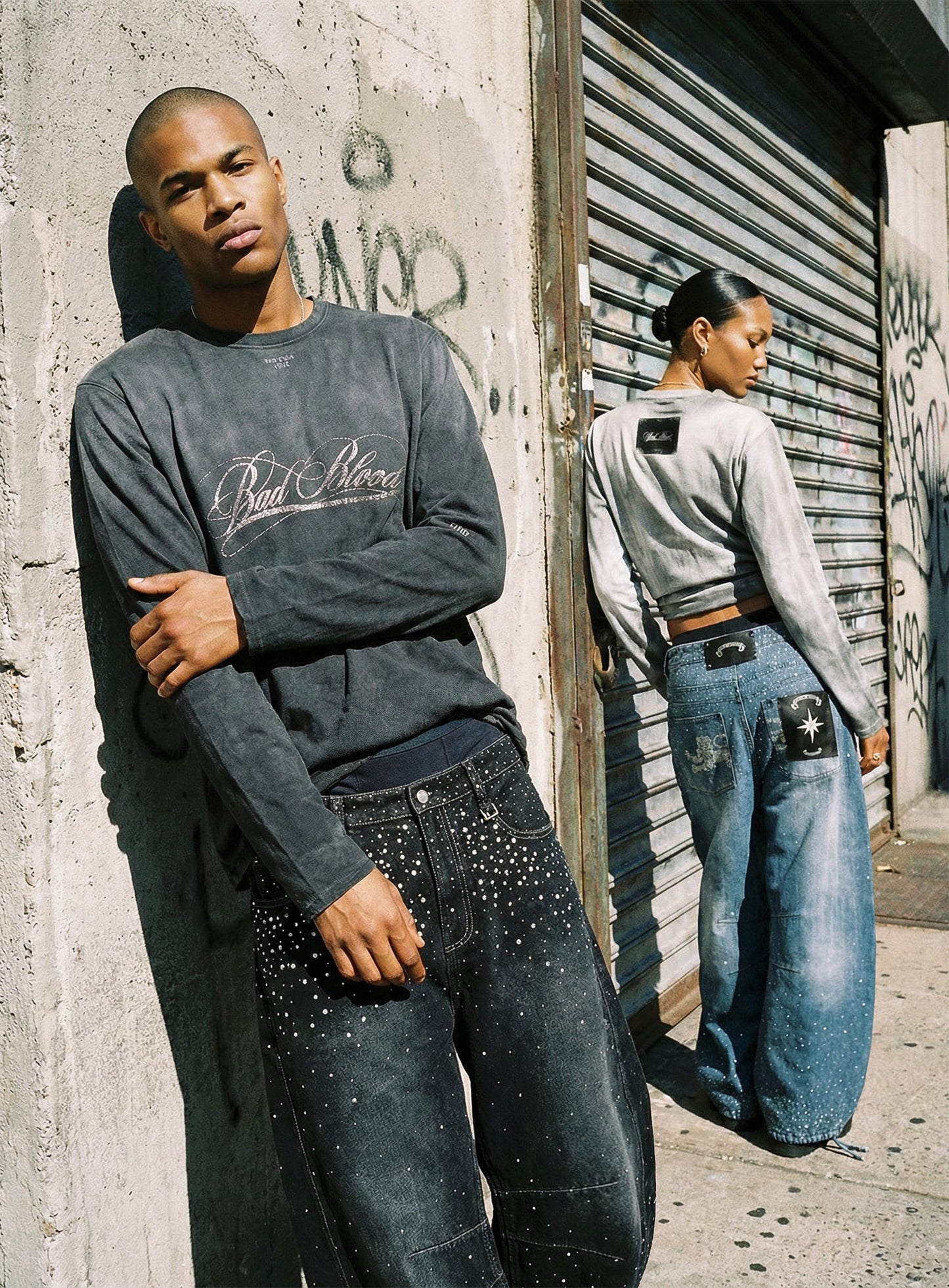 [w-pts25-102] BBNT Rhinestone Curved Pants - Light Blue