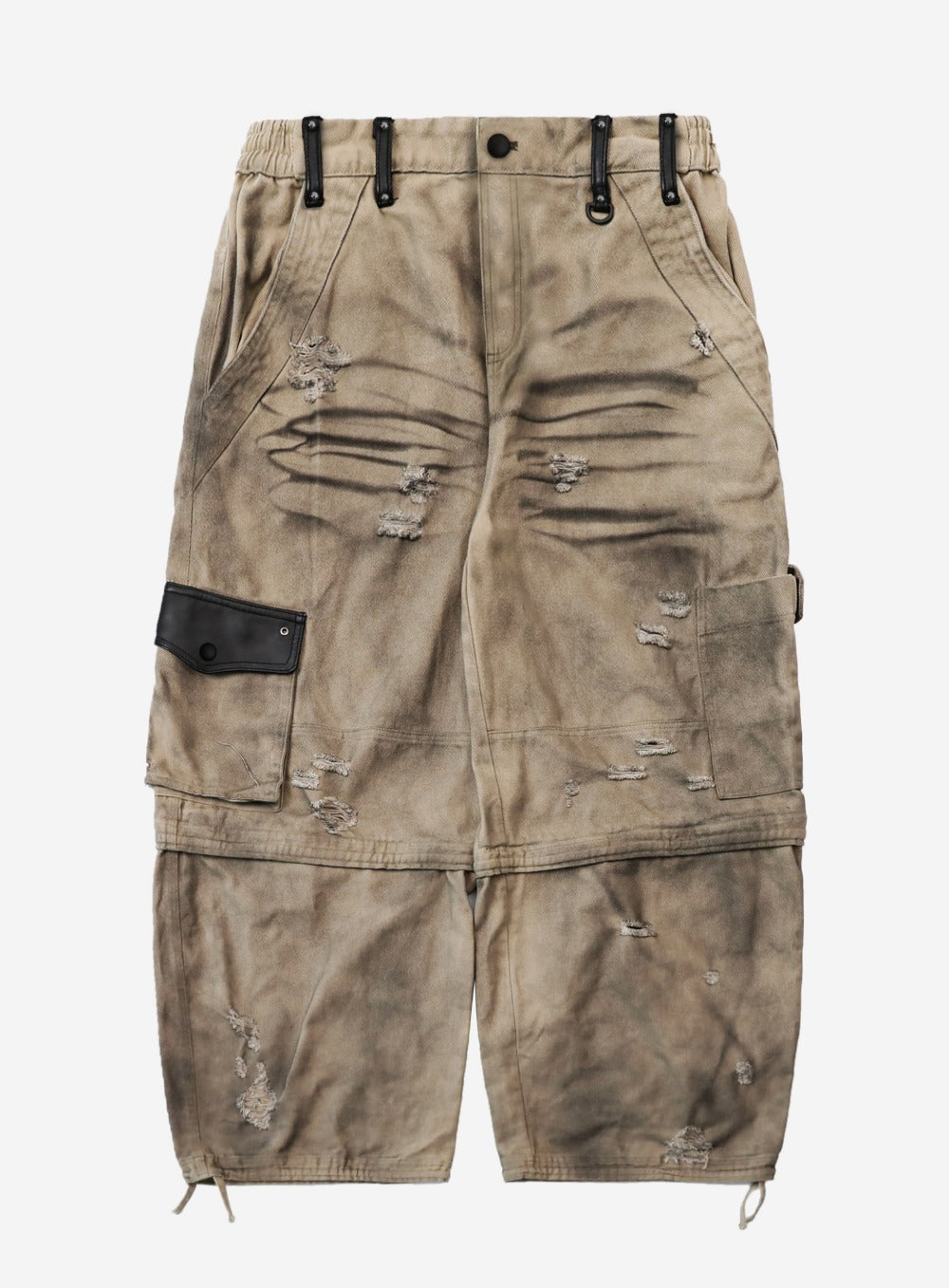 [w-pts25-113] Distressed Convertible Cargo Pants - Beige