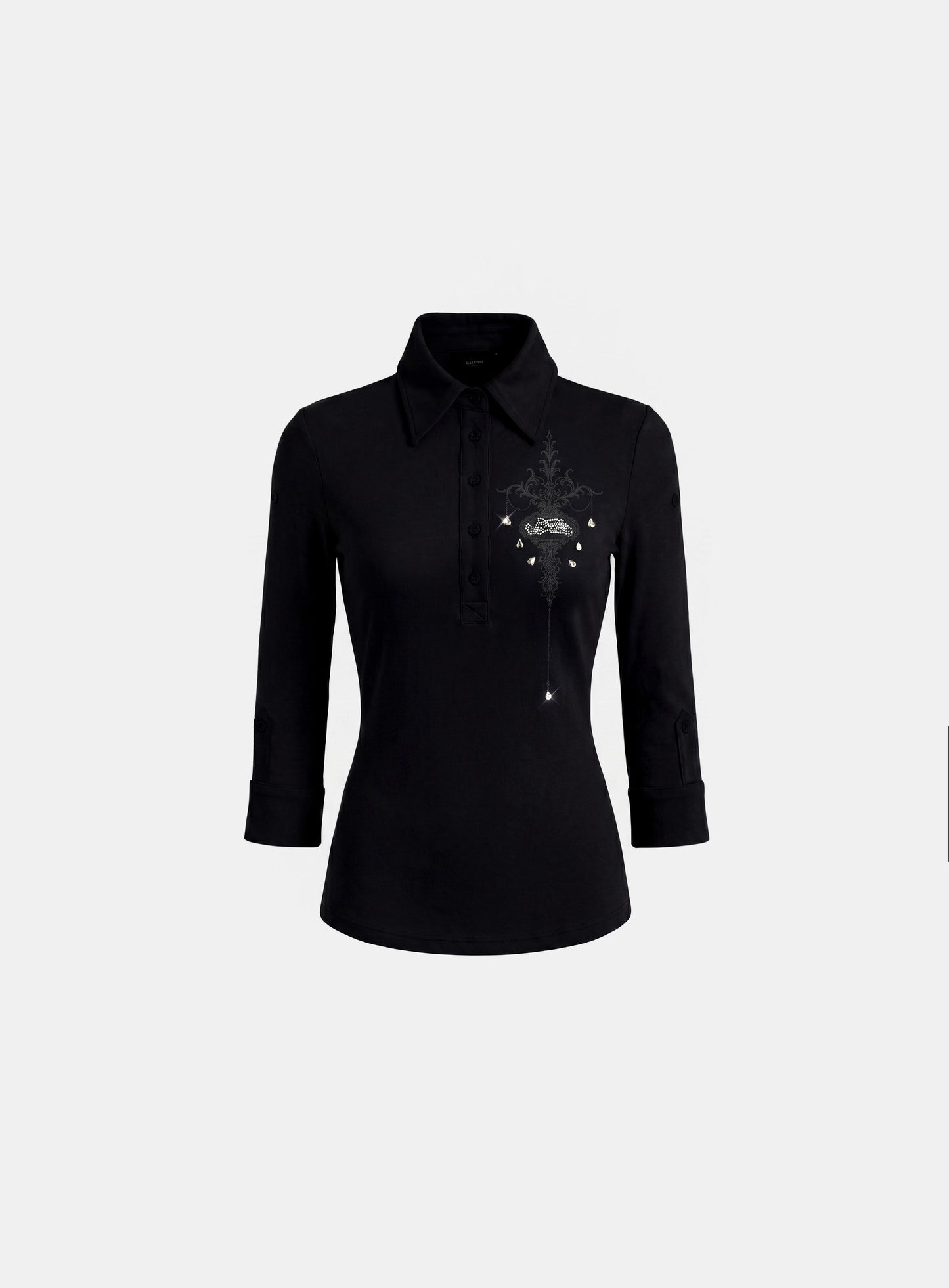 [w-tee26-213] Rhinestone Ornament 3/4 Sleeve Polo- Black