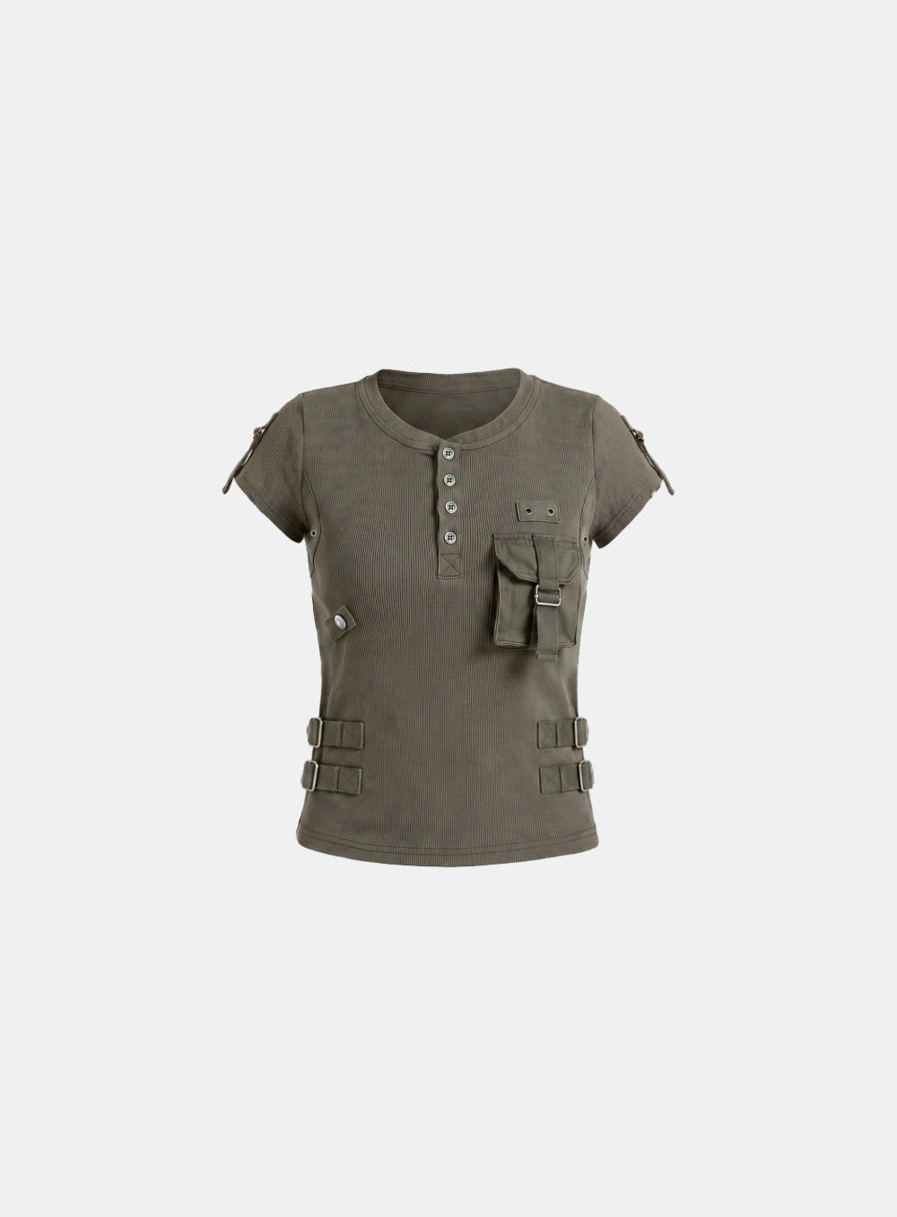 [w-tee26-181] Delta Utility Cotton Rib 1/2 Henley Neck T-shirt - Military Green