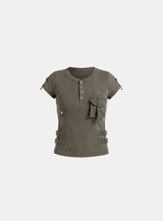 [w-tee26-181] Delta Utility Cotton Rib 1/2 Henley Neck T-shirt - Military Green