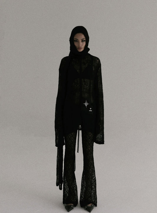 Ripped Knit Hooded Sweater - Black