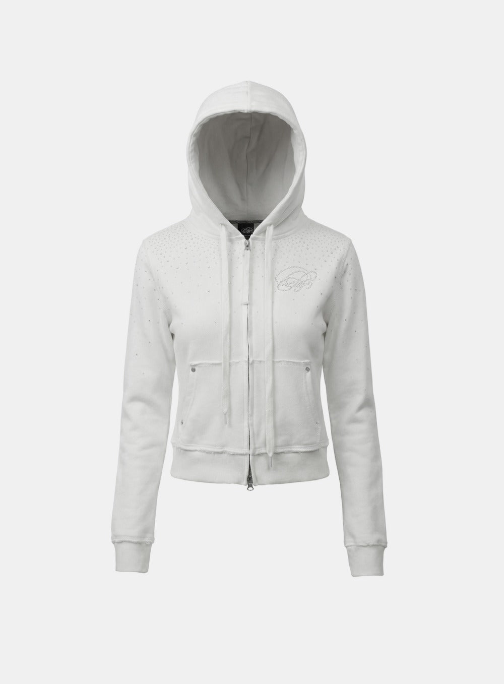 [w-hde25-077] Dark Classic Rhinestone Hooded Zip-Up Slim Fit - White