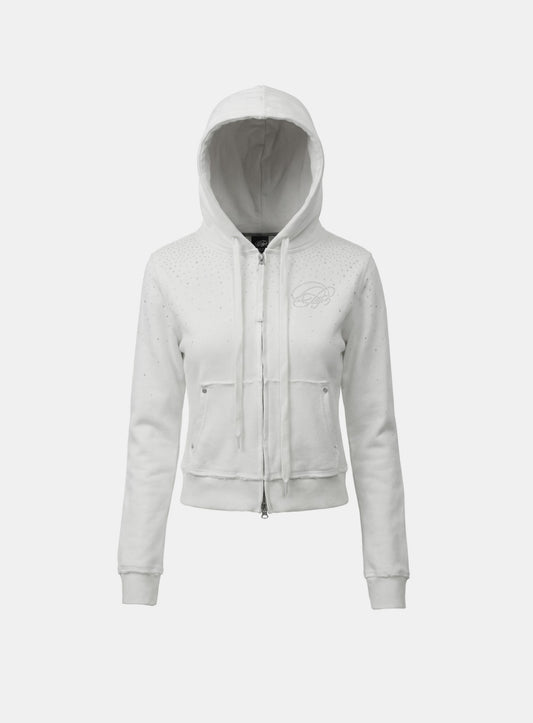 [w-hde25-077] Dark Classic Rhinestone Hooded Zip-Up Slim Fit - White