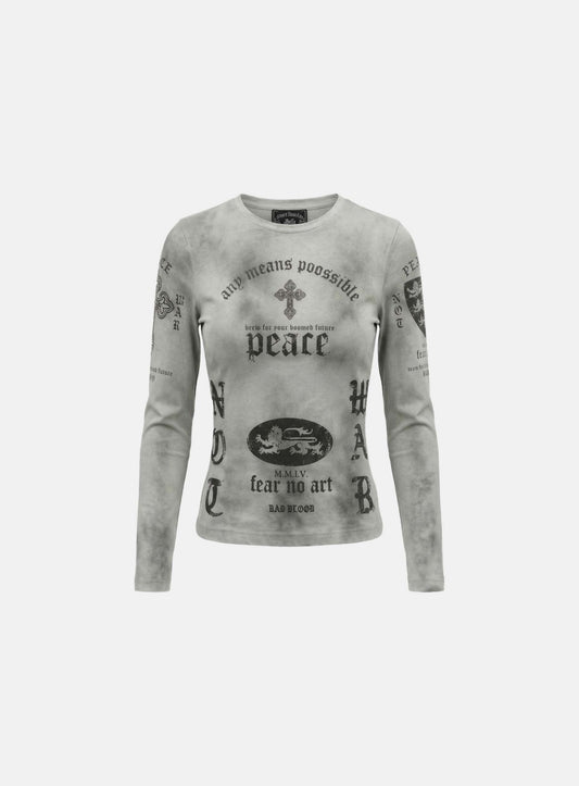 [w-tee26-070] Peace Not War Slim Long Sleeve T-Shirt - Dusty White