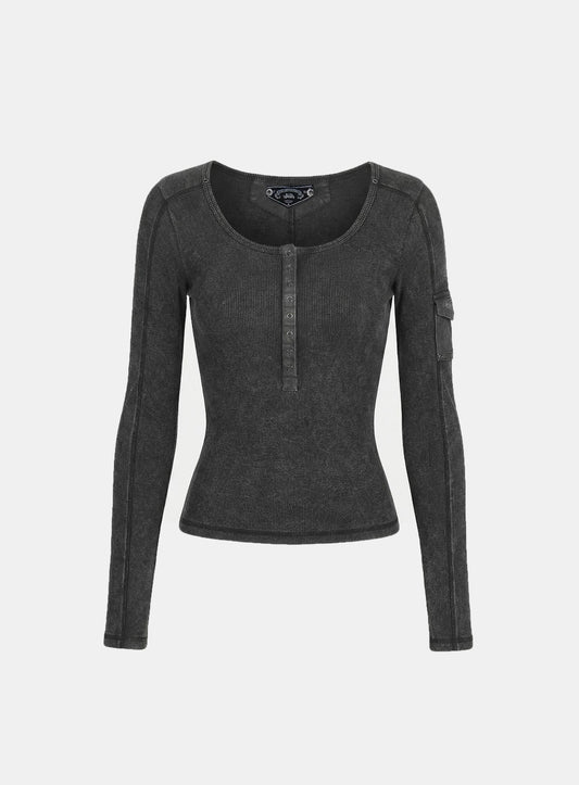 [w-tee26-009] Viper Cotton Rib Henley Neck Long Sleeve - Black