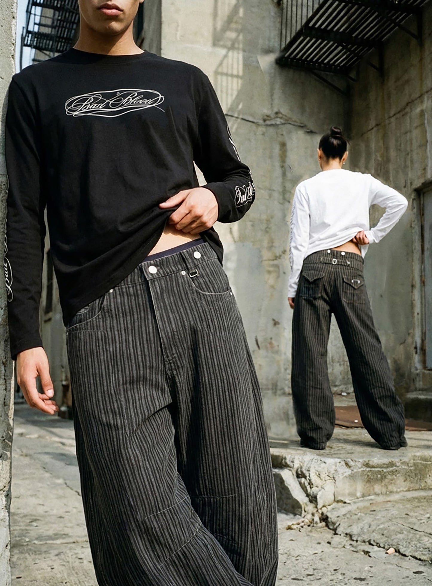 [w-pts25-125] 0509 Shinchiback Semi-Curved Pants - Charcoal/Striped