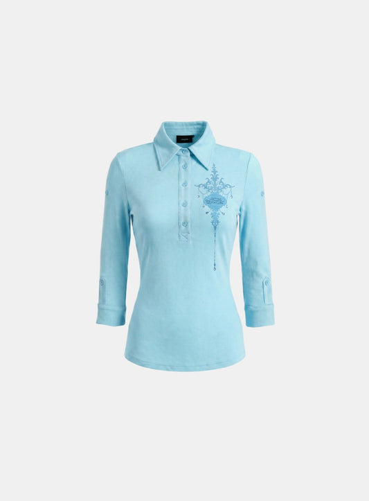 [w-tee26-212] Rhinestone Ornament 3/4 Sleeve Polo- Mint