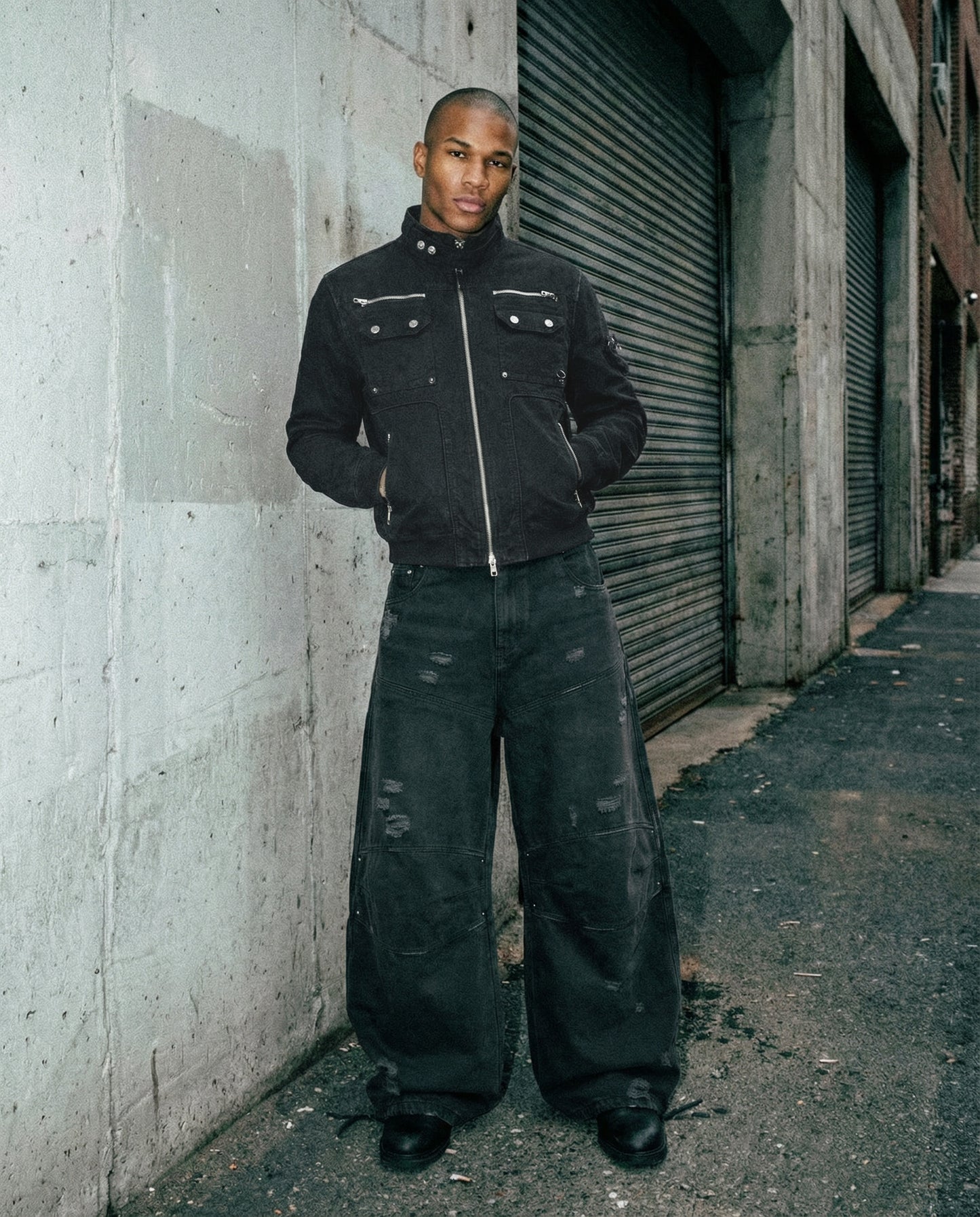 [w-jkt25-066] Daytona High-Neck Strap Bomber Jacket - Washed Black