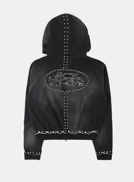 [w-hde25-084] Mystic Studded Washed Hooded Zip-Up - Black