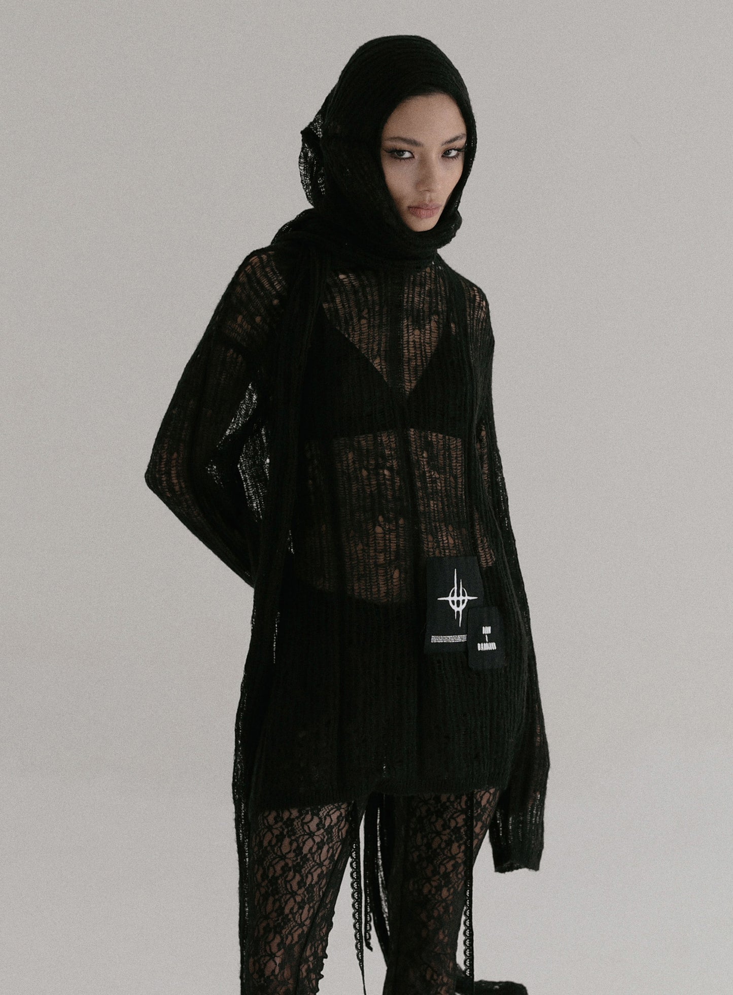 Ripped Knit Hooded Sweater - Black