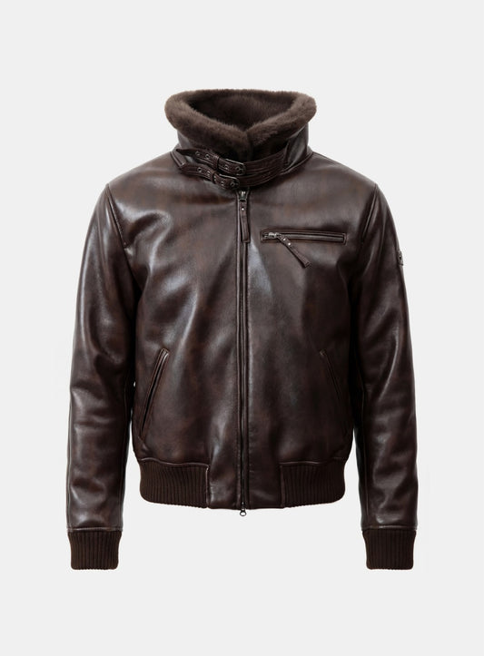 [w-jkt25-057] Viper21 Shearling Leather Bomber Jacket - Washed Brown
