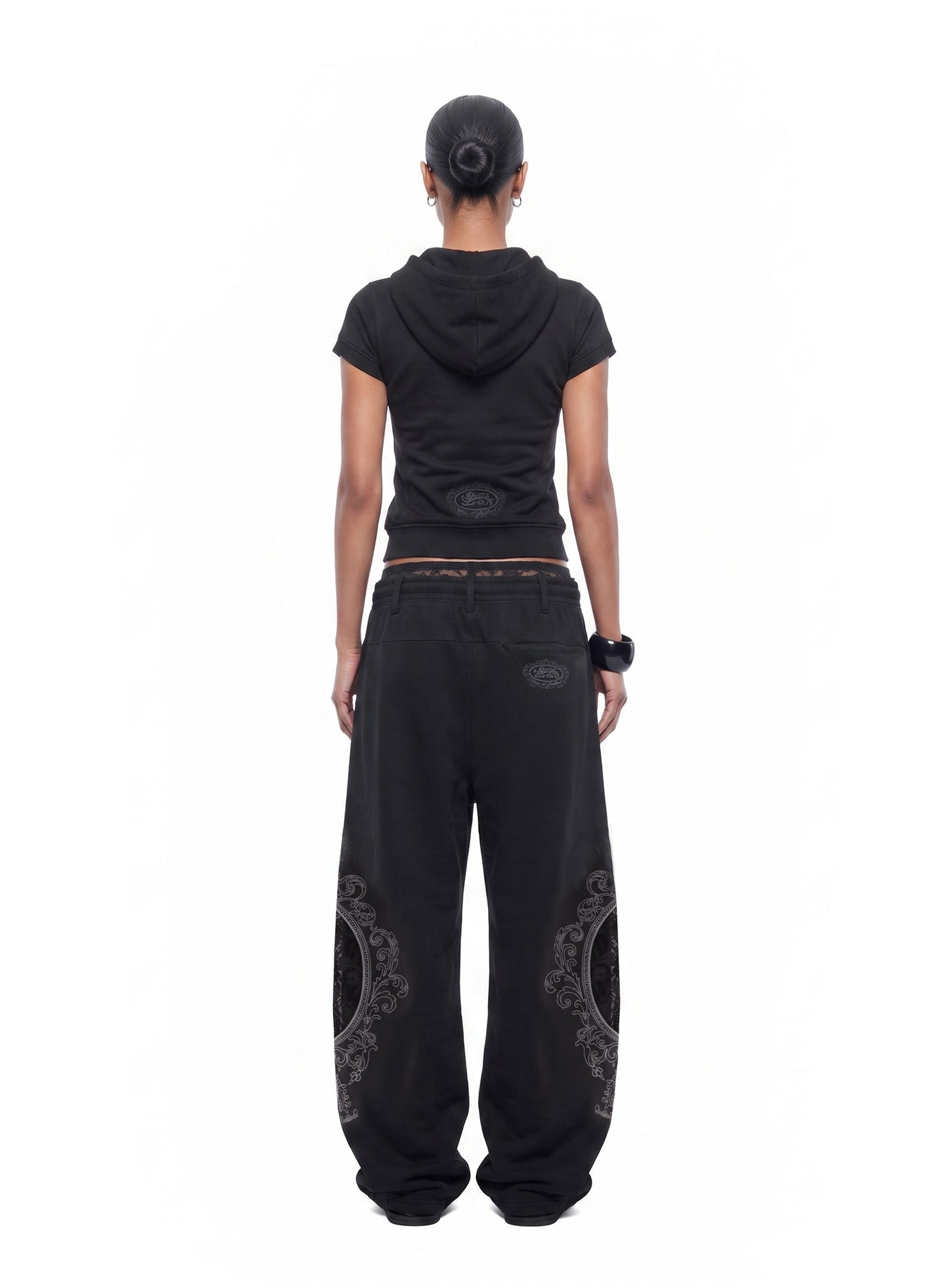 [w-pts26-127] H.B.B. Royal Lace Rhinestone Lightweight Jogger Pants - Black