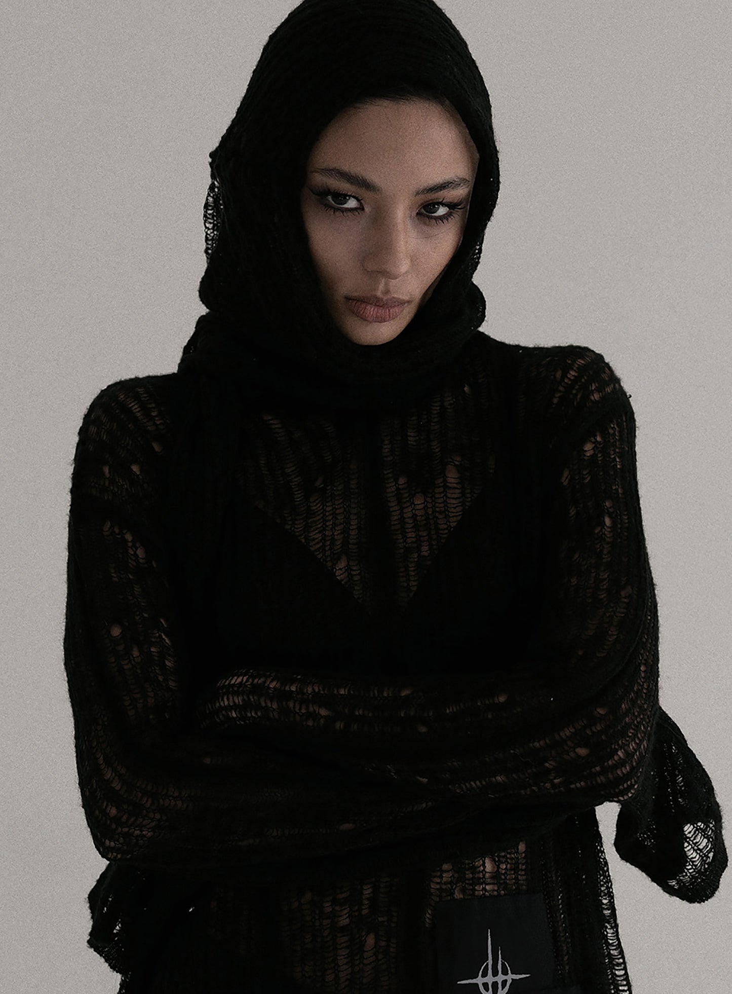 Ripped Knit Hooded Sweater - Black