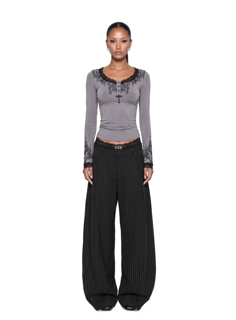 [w-tee26-289] H.B.B. Lace Henley Neck Long Sleeve - Charcoal