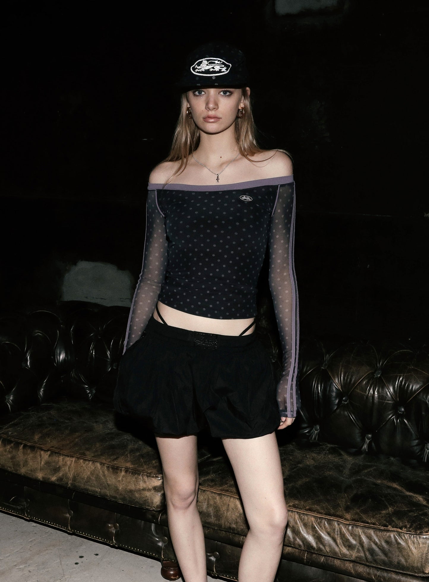 [AQUA] Splash Dot Off-Shoulder Top - Black