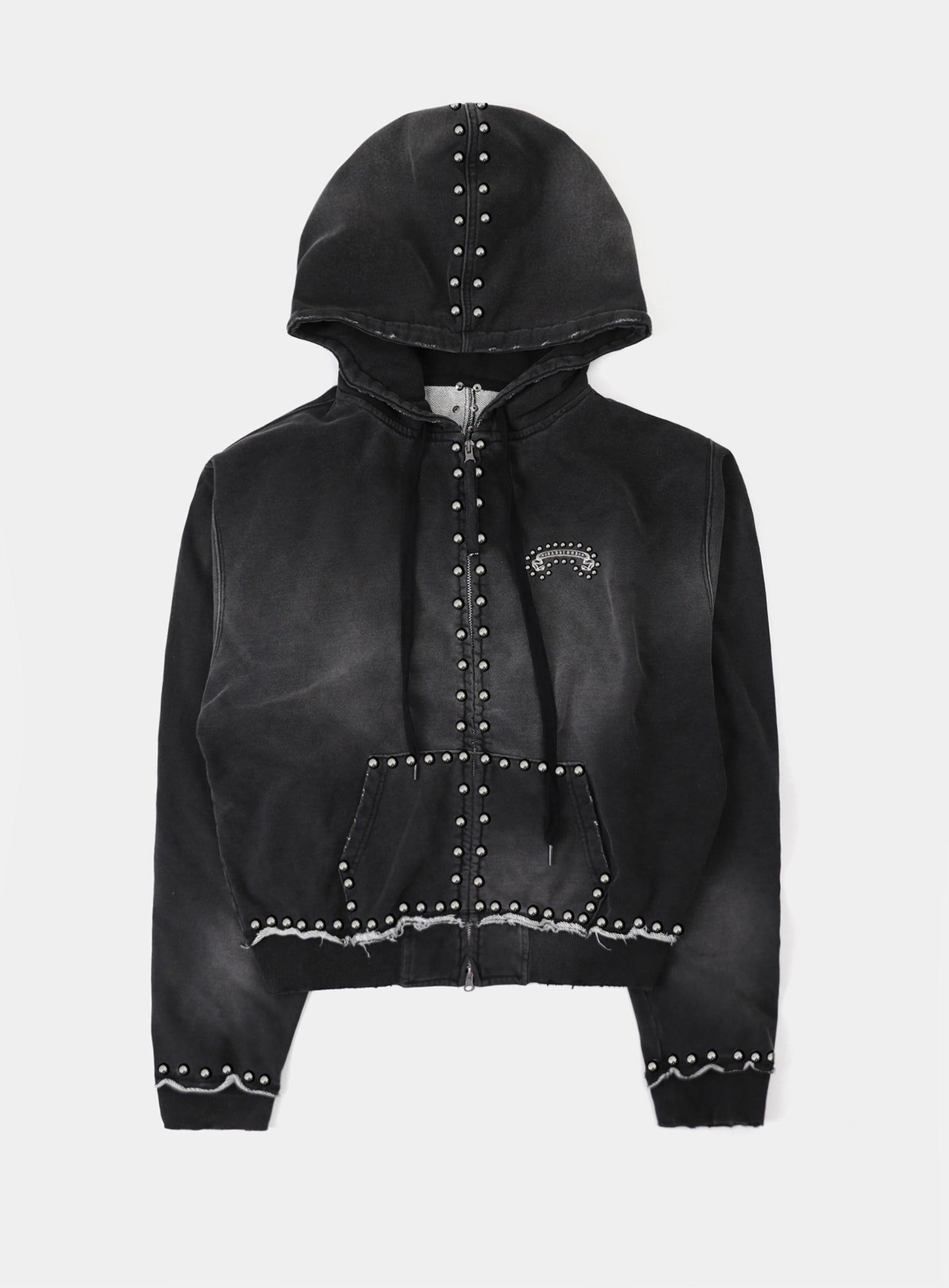 [w-hde25-084] Mystic Studded Washed Hooded Zip-Up - Black