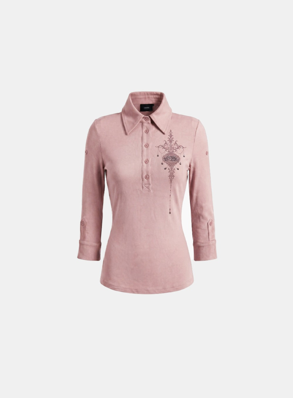 [w-tee26-211] Rhinestone Ornament 3/4 Sleeve Polo - Pink