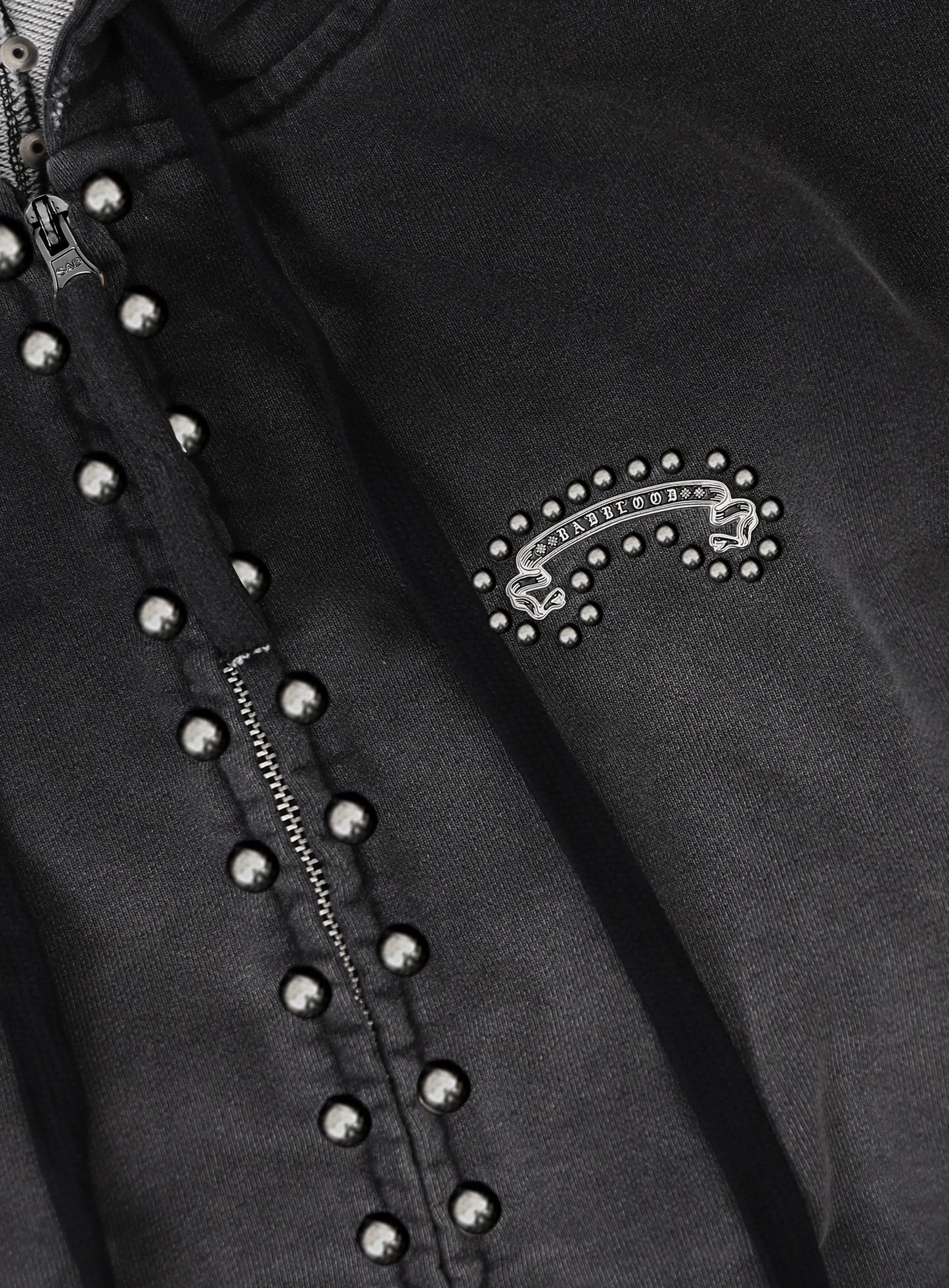 [w-hde25-084] Mystic Studded Washed Hooded Zip-Up - Black