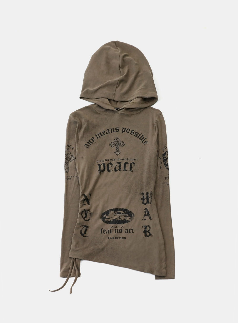 [w-hde25-087] PEACE NOT WAR Slim Cutout Hoodie - Tobacco