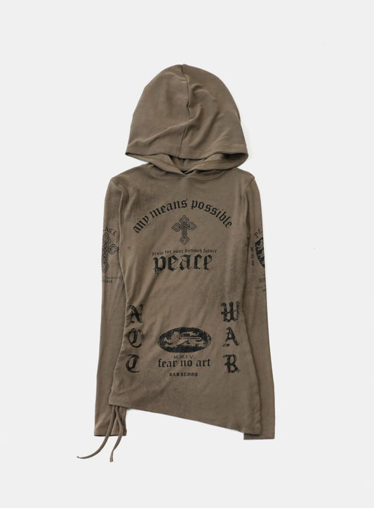 [w-hde25-087] PEACE NOT WAR Slim Cutout Hoodie - Tobacco