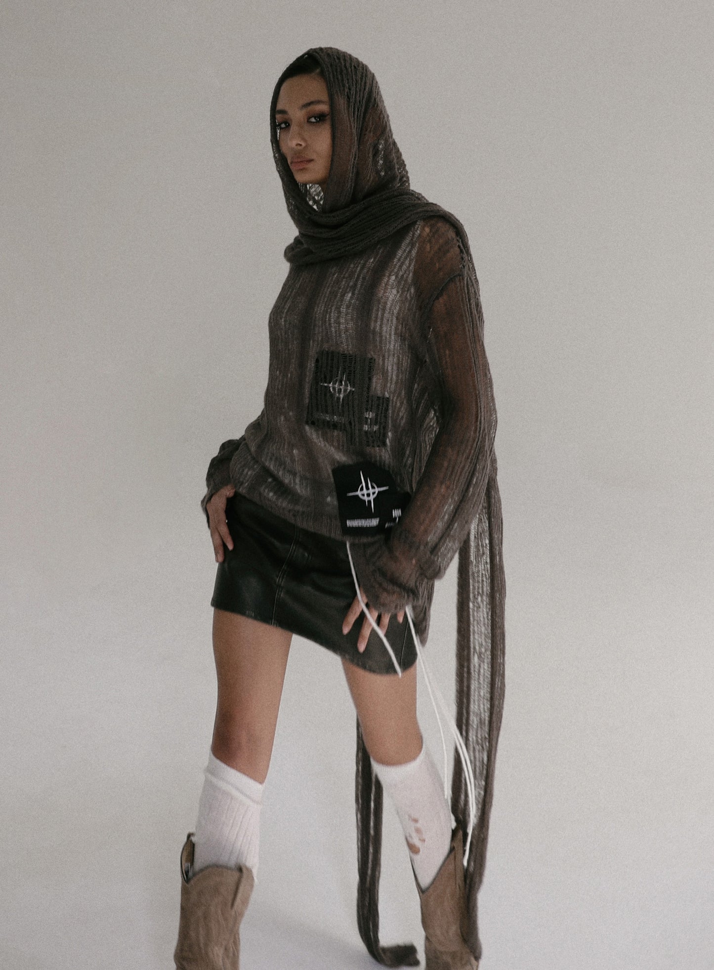 Ripped Knit Hooded Sweater - Khaki