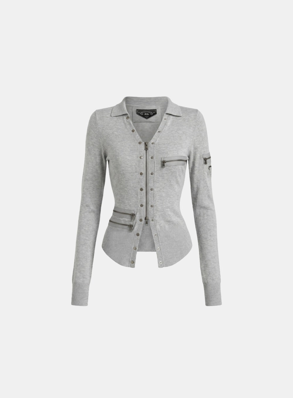 [w-knt26-044] Viper V Collar Zip Up Cardigan - Gray