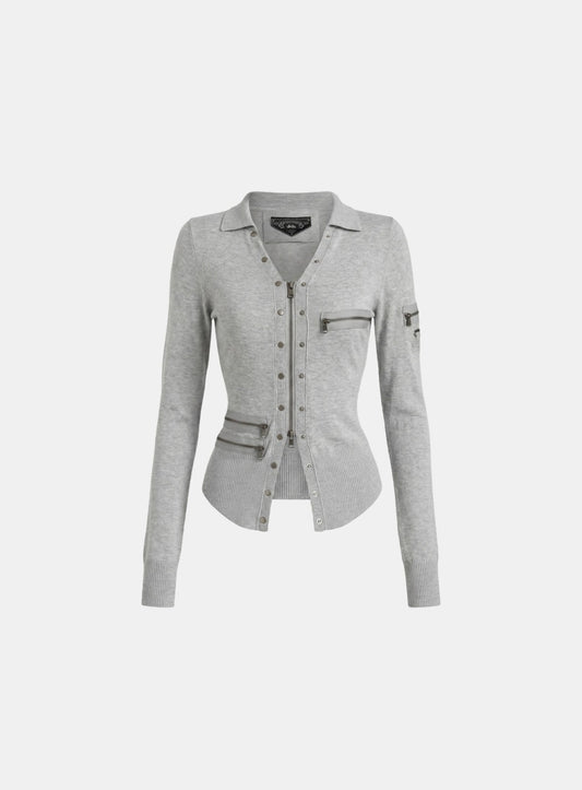 [w-knt26-044] Viper V Collar Zip Up Cardigan - Gray
